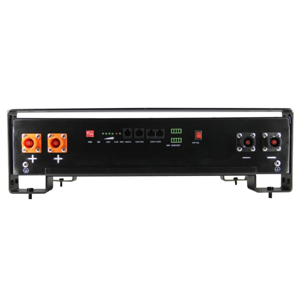 Front panel of a black rack-mount LiFePO4 battery with two orange positive terminals, black negative terminals, RS232 and CAN/RS485 communication ports, dry-contact terminals, SOC indicator LEDs and a power switch