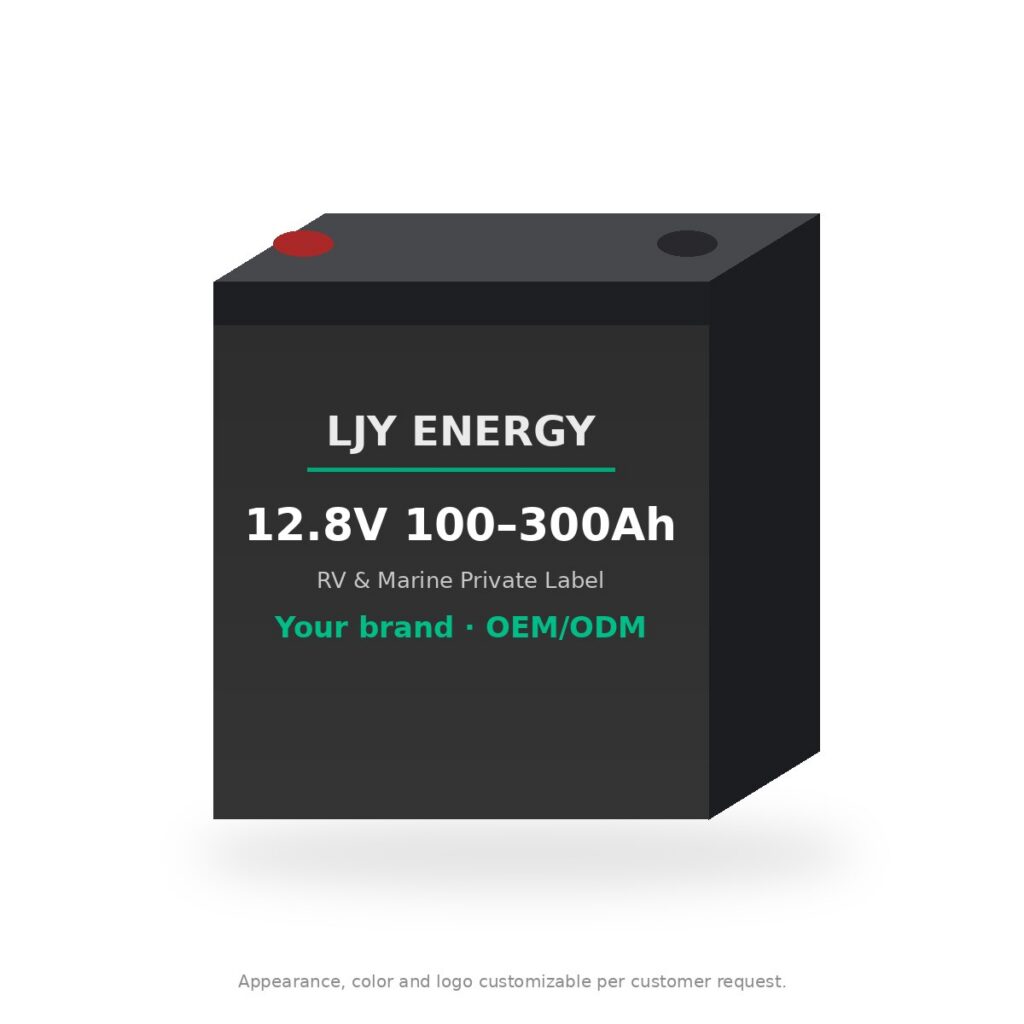 12.8V LiFePO4 Private-Label Program for RV & Marine Battery Brands (100–300Ah) LJY-12V-PL-RVMARINE 12.8V LiFePO4 private-label RV and marine battery series, front view, white background