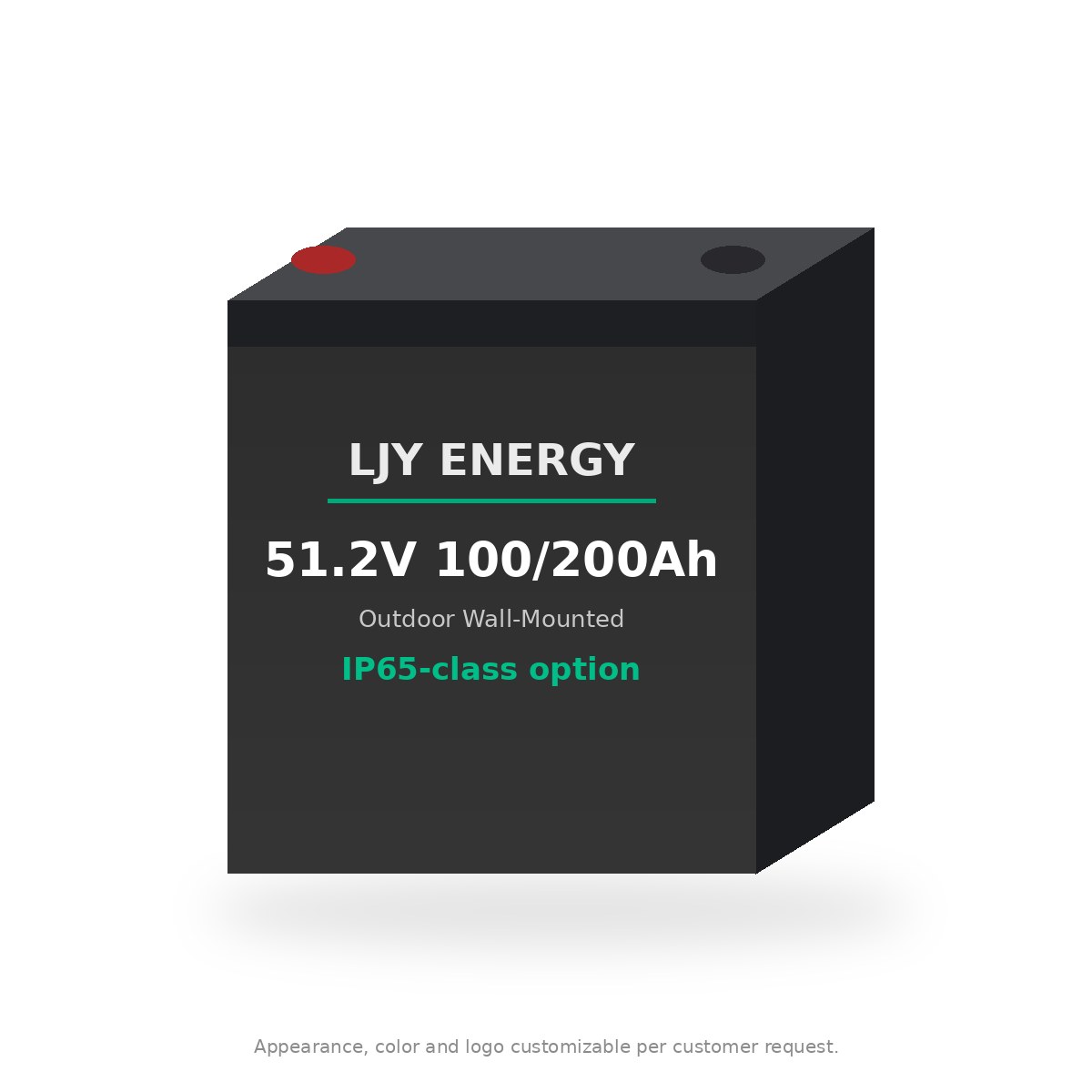 Outdoor IP65 Wall-Mounted LiFePO4 Battery (51.2V, 100Ah / 200Ah) LJY-51V-WALL-IP65 outdoor IP65 wall-mounted 51.2V LiFePO4 battery, front view, white background