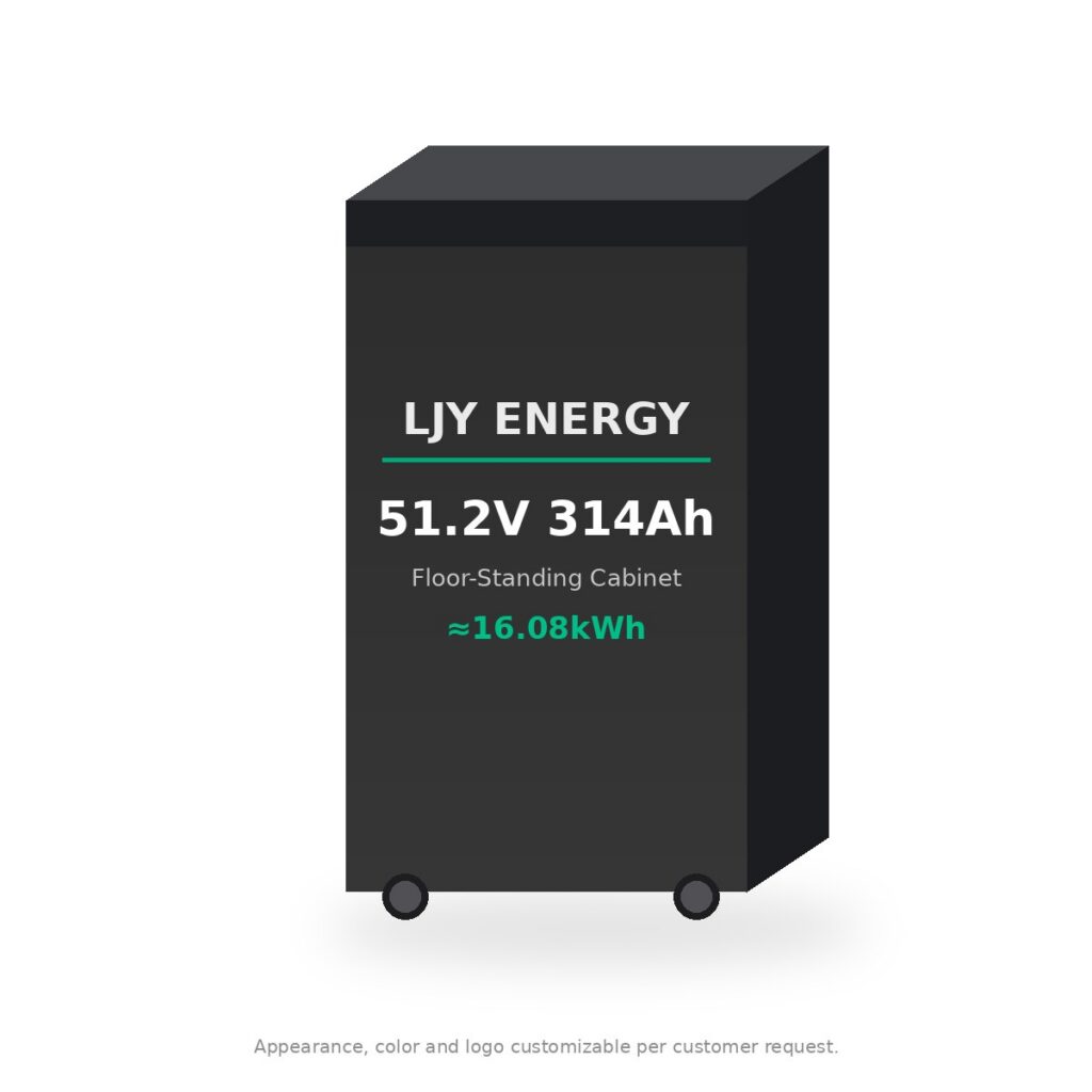 51.2V 314Ah Floor-Standing LiFePO4 Battery Cabinet (≈16kWh, Wheeled) LJY-LFP-51V314-FLOOR 51.2V 314Ah ≈16kWh wheeled floor-standing LiFePO4 battery cabinet, front view, white background
