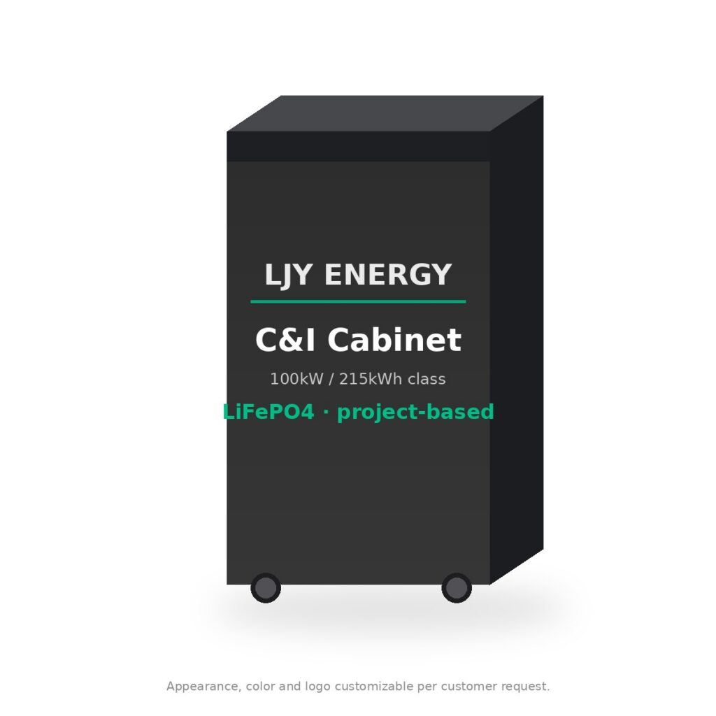 Commercial & Industrial Battery Storage Cabinet (100kW / 215kWh Class) LJY-CI-215 commercial and industrial LiFePO4 battery storage cabinet, 100kW 215kWh class, front view, white background