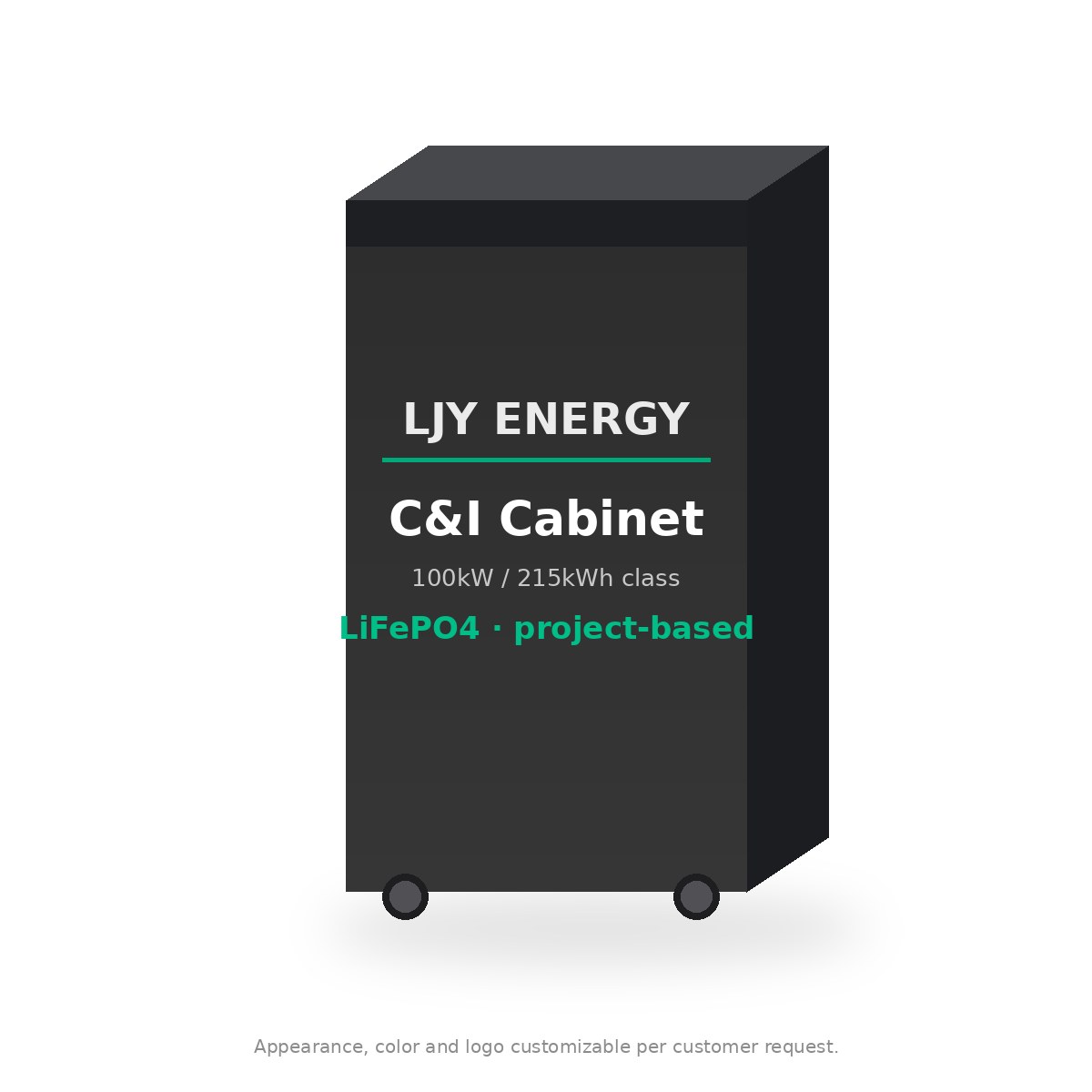 Commercial & Industrial Battery Storage Cabinet (100kW / 215kWh Class) LJY-CI-215 commercial and industrial LiFePO4 battery storage cabinet, 100kW 215kWh class, front view, white background