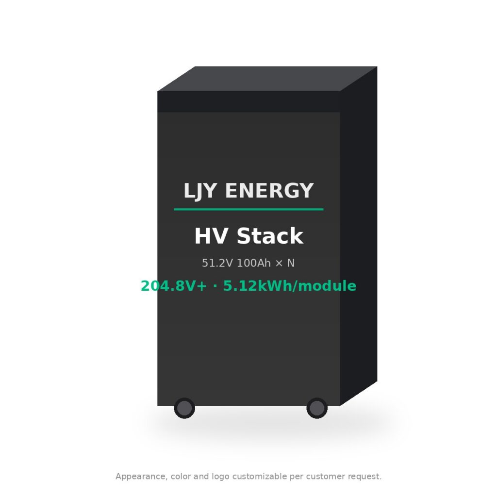 LJY-HV51100-STACK high-voltage stackable LiFePO4 battery with 51.2V 100Ah modules, front view, white background