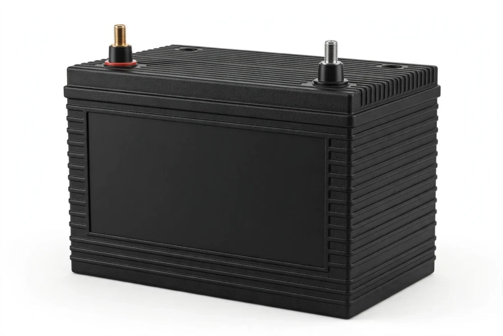 12V 200Ah deep cycle LiFePO4 battery, front three-quarter view, unbranded product illustration