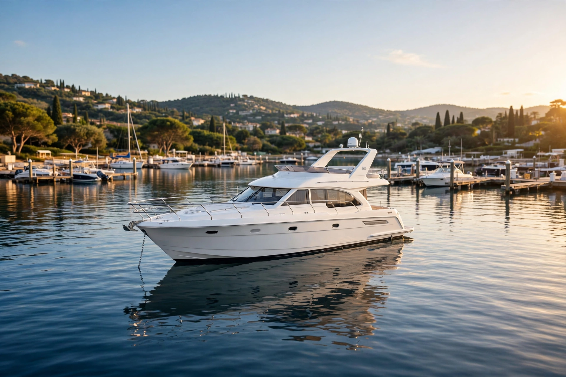 Leisure yacht anchored at a marina — marine LiFePO4 battery application scene
