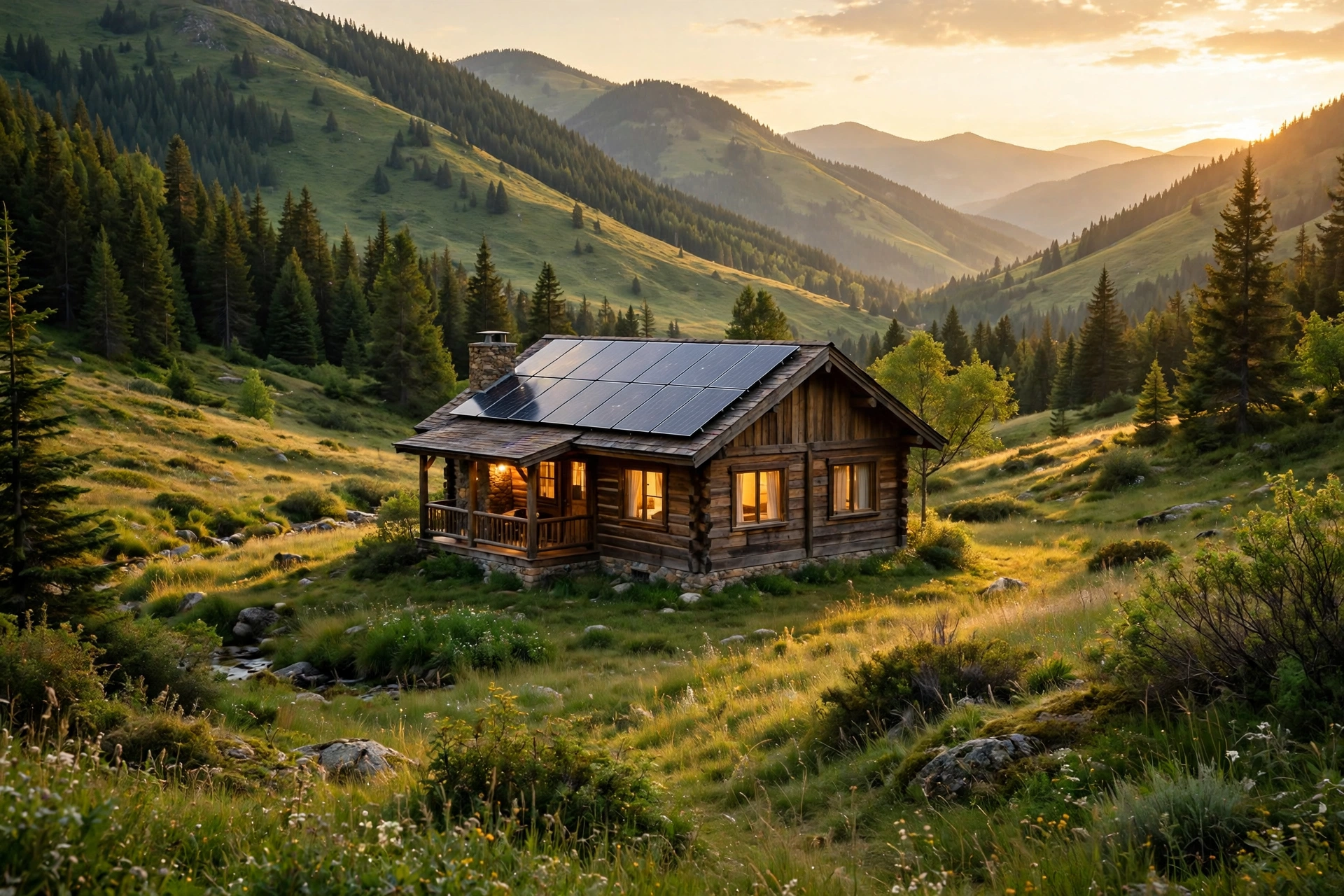 Off-grid cabin with rooftop solar panels in a mountain valley — off-grid LiFePO4 energy storage scene