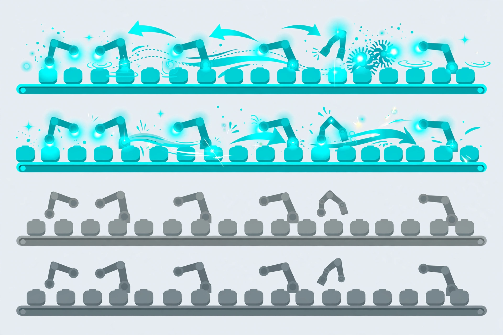 China LFP Battery Cell Prices 2026: Trends, Data & Buyer Guide Conceptual illustration: rows of battery production lines, some active and lit, others dimmed and idle, showing two-speed capacity utilization