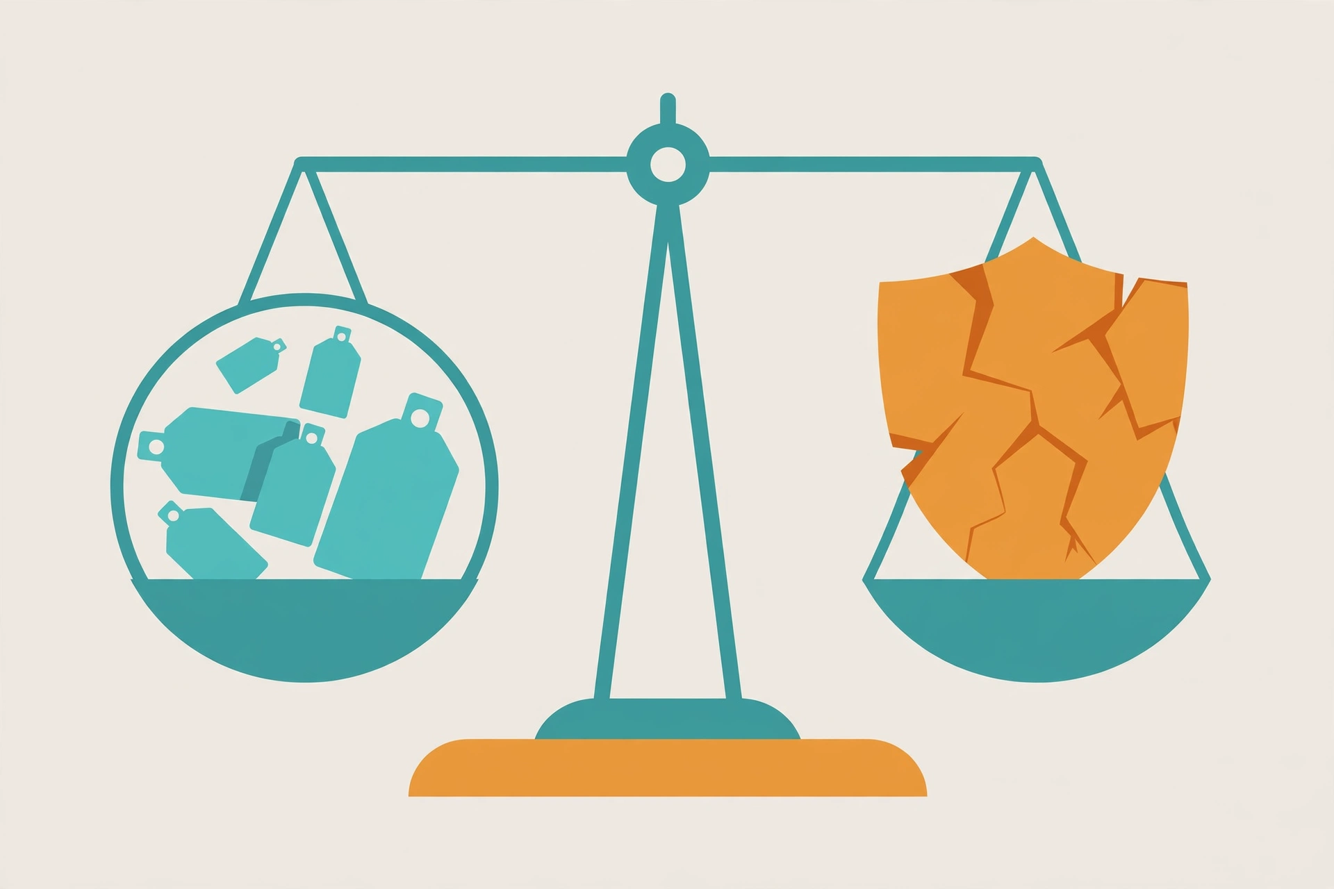 China's Battery Overcapacity: Data, Risks, Opportunities Conceptual illustration: a balance scale weighing low price tags against a cracked shield, opportunity versus risk