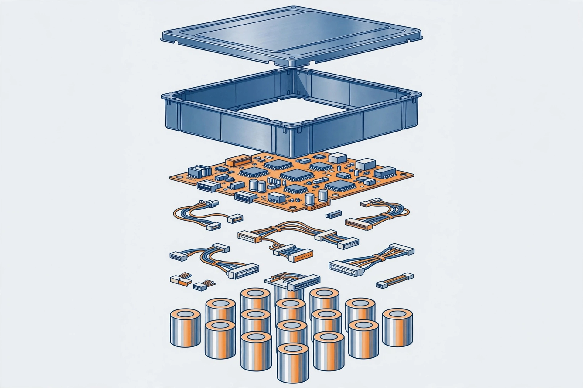 Conceptual diagram: exploded view of a lithium battery pack showing cells, BMS, wiring, and enclosure