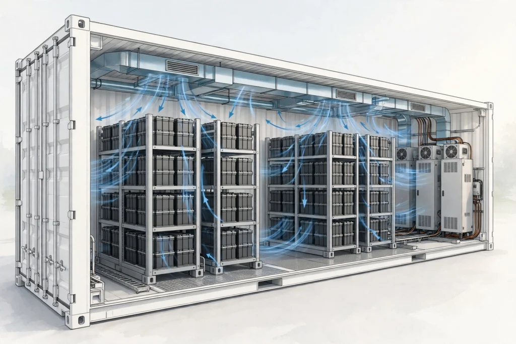 Conceptual cutaway illustration of a containerized LFP battery storage unit showing battery racks and thermal management