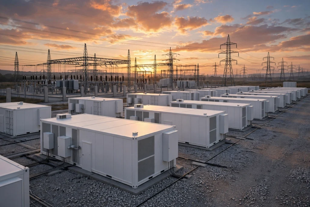 Why Tesla Megapack Uses LFP Batteries: The Stationary Storage Chemistry Decision Conceptual illustration of a grid-scale battery energy storage installation at dusk