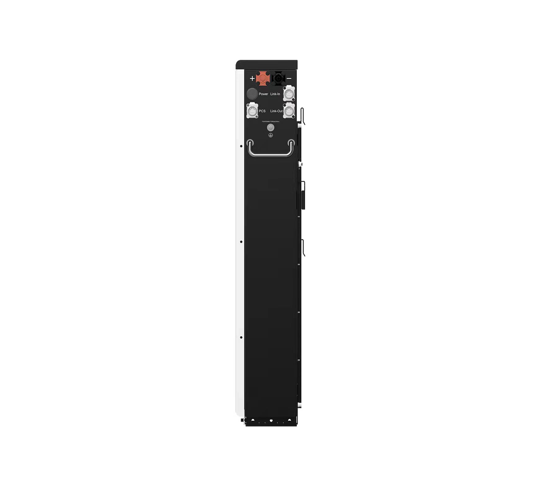 51.2V 100Ah Wall-Mounted Home Battery 51.2V 100Ah wall-mounted LiFePO4 battery side panel with power terminals and communication ports